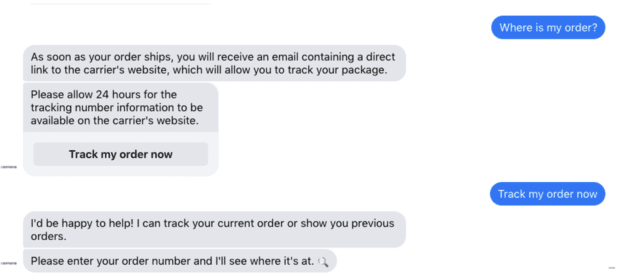 A facebook messenger bot helps track an order.