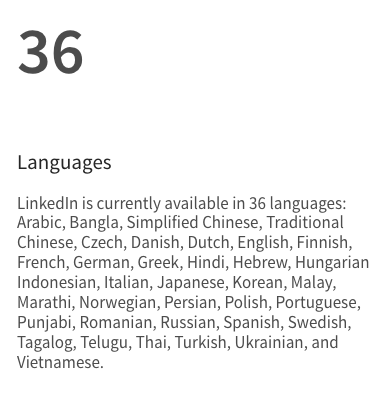 text on white background listing the 36 languages linkedin is available in