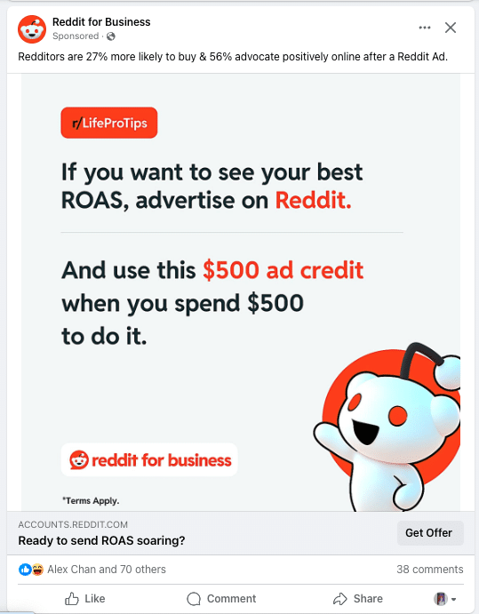 Publicité pour Reddit for Business sur Facebook offrant un crédit publicitaire de 500 dollars