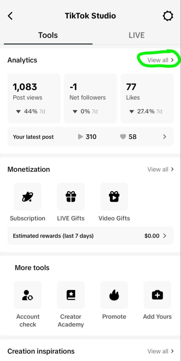 TikTok Studio view all option under Tools