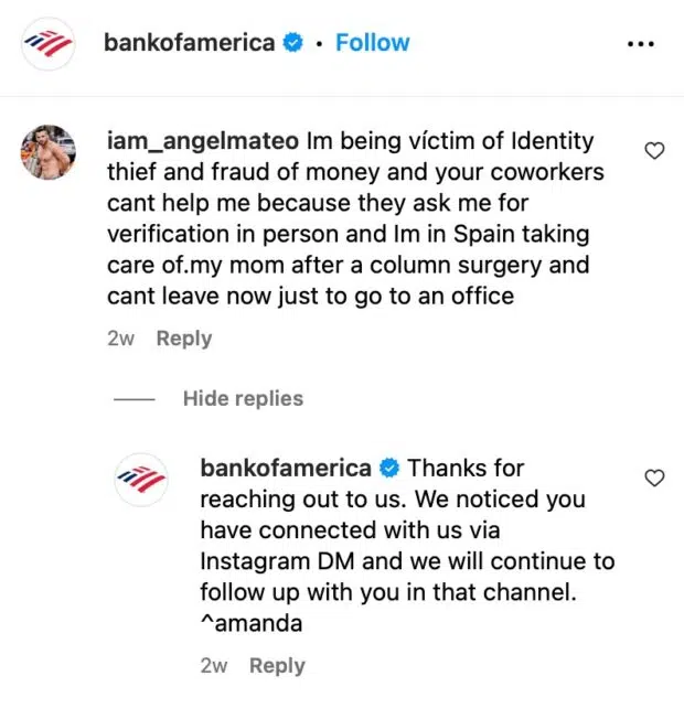 Bank of America personalized comment reply